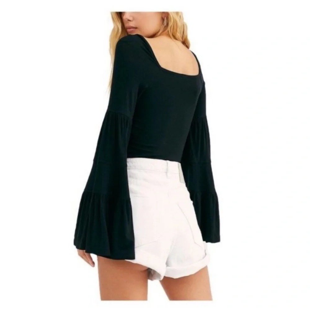 NWT Free People Bell Sleeve Top | Black Off the Shoulder - Picture 2 of 9